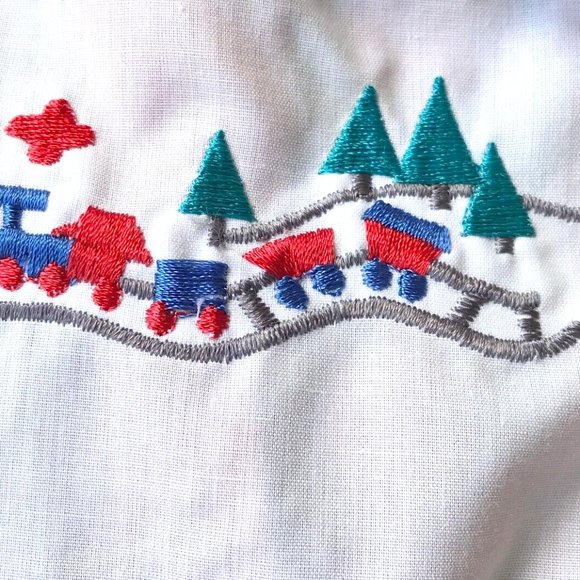 Alexis Toddler Overalls 3 M Month Red Plaid Embroidered Train Snaps EUC… - Picture 4 of 12